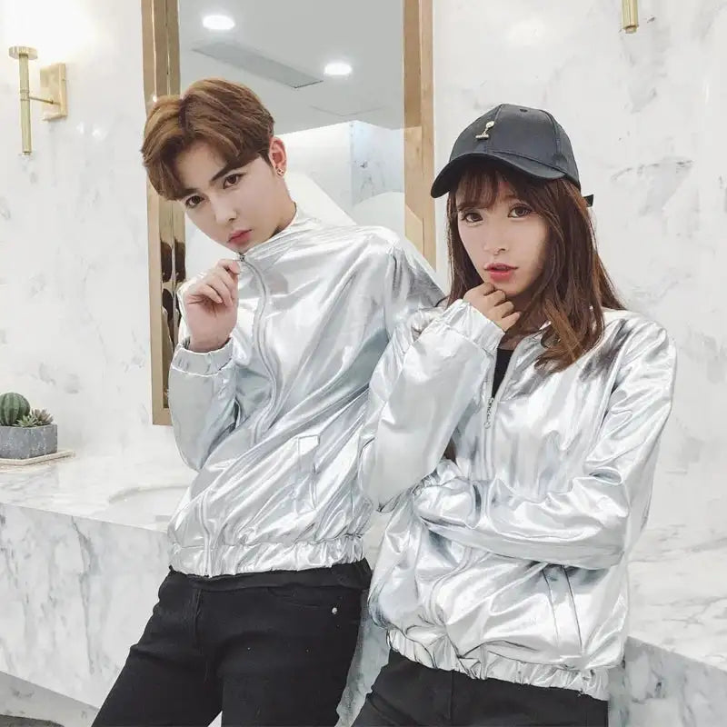 Mens Windbreaker Jackets Nightclub Stage Party Jackets Costume Streetwear Harajuku Hip Hop Reflective Jacket Gold Fashion Coats