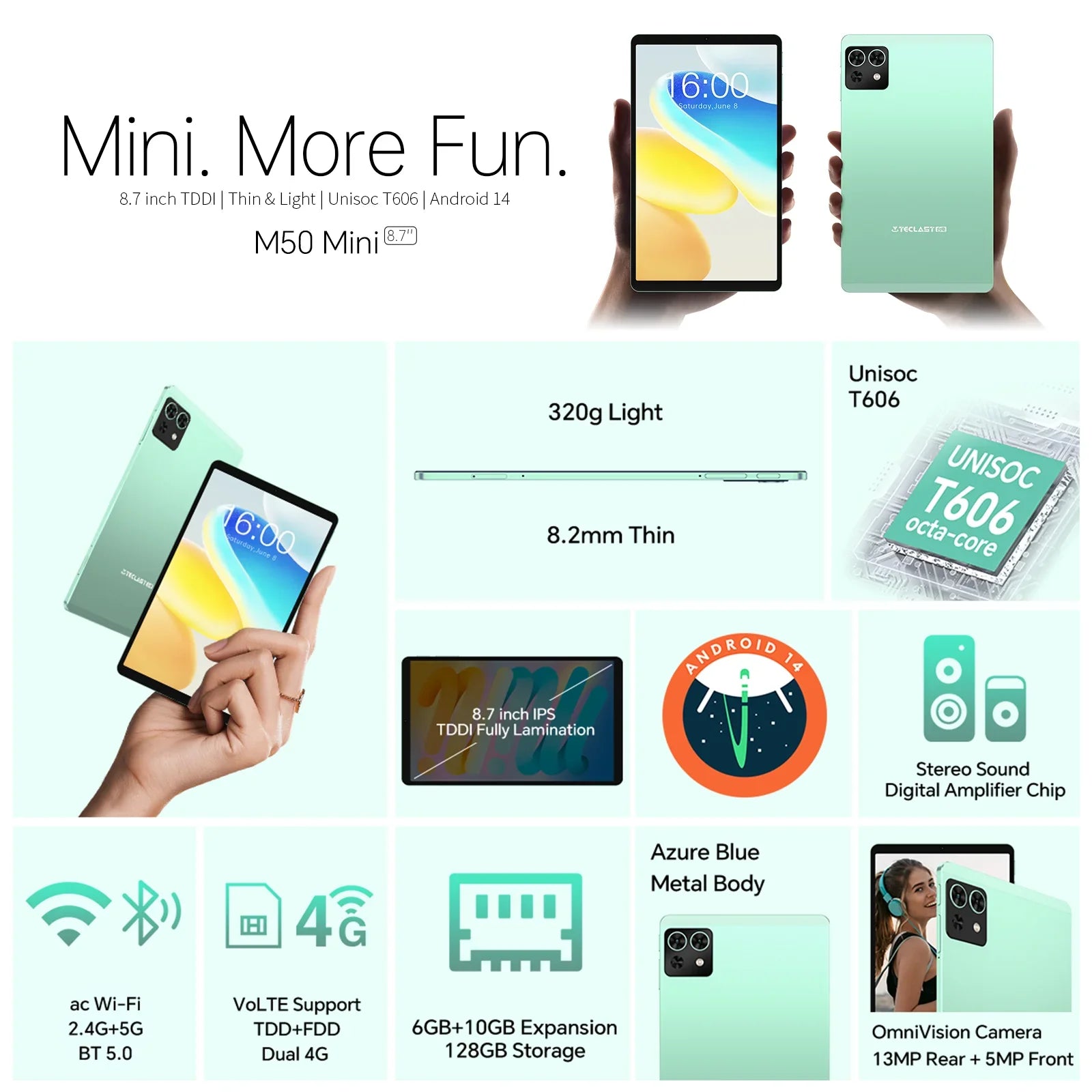 Teclast M50Mini, 8.7 Inches Tablet, 8 Cores, Android 14, 4g Phone Call, (6Gb+10Gb)16Gb Ram, 128Gb Rom, 1340X800, Unisoc T606, 13Mp+5Mp Lootquake LLC
