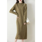 Autumn Winter Women's Wool Long Dress Cashmere Mock Neck Pullover Sweater 100% Merino Wool Soft Knitwear OL Simple Basic Dress Lootquake LLC