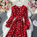 YuooMuoo Korean Fashion Cherry Print Women Dress 2025 New Spring Vintage Bandage Slim Waist Long Dress Elegant Party Vestidos