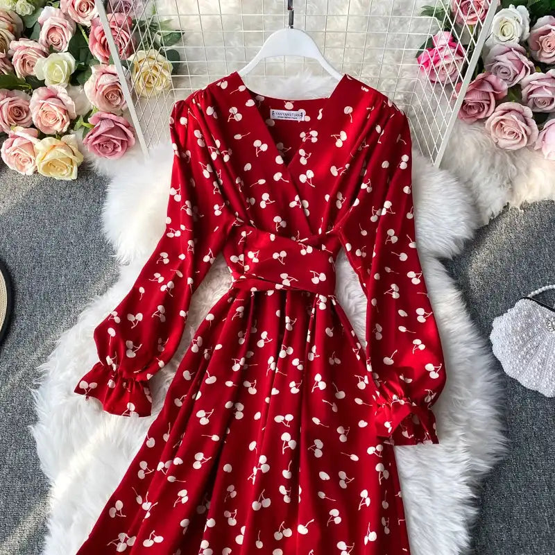 YuooMuoo Korean Fashion Cherry Print Women Dress 2025 New Spring Vintage Bandage Slim Waist Long Dress Elegant Party Vestidos