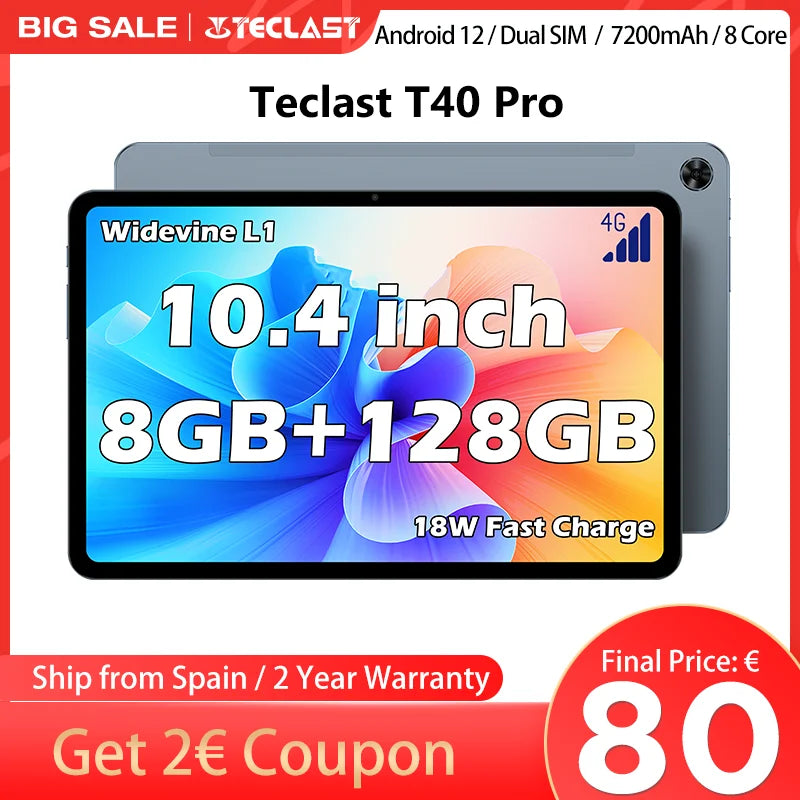 Teclast 10,4 inch T40 Pro tablet 8gb RAM ROM 128GB Android 11/12 7000mAh fast charging 2000x1200 UNISOC T618/T616 8 cores 4G network, Wifi, 13MP + 8MP