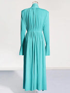 Solid Patchwork Appliques Dresses For Women Half High Collar Flare Sleeve High Waist Elegant Long Dress Female Fashion New