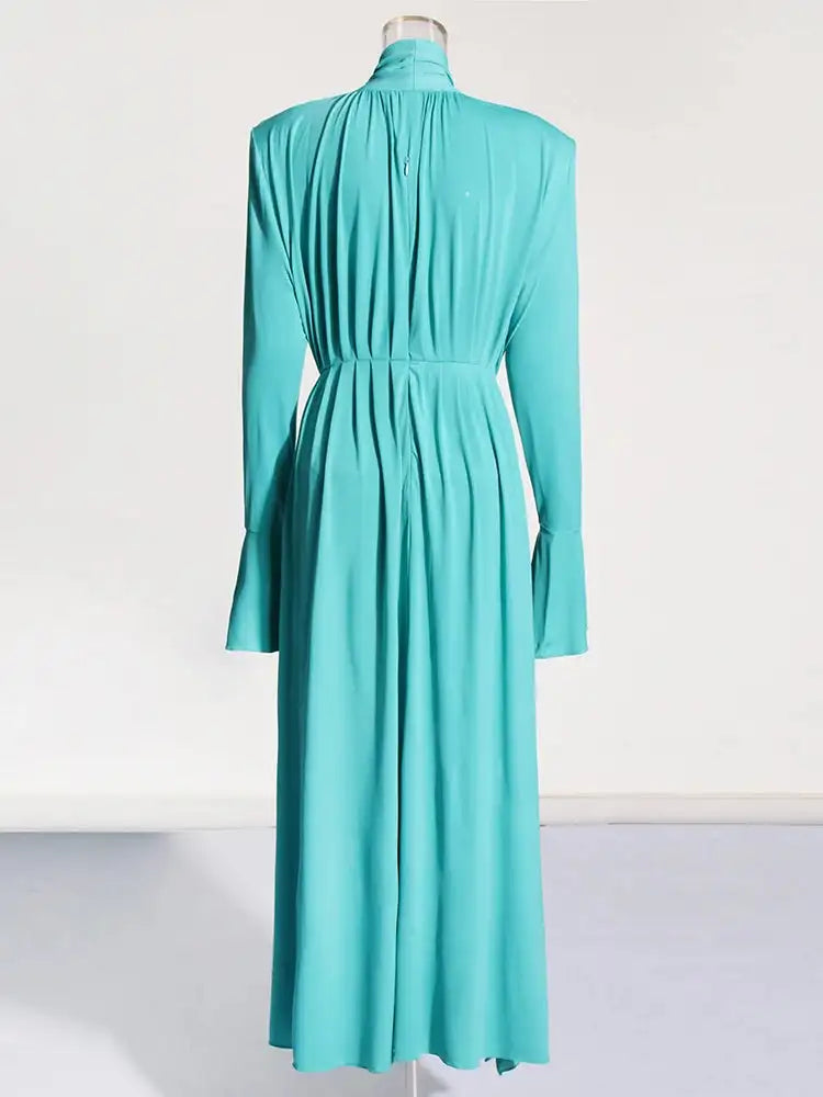 Solid Patchwork Appliques Dresses For Women Half High Collar Flare Sleeve High Waist Elegant Long Dress Female Fashion New