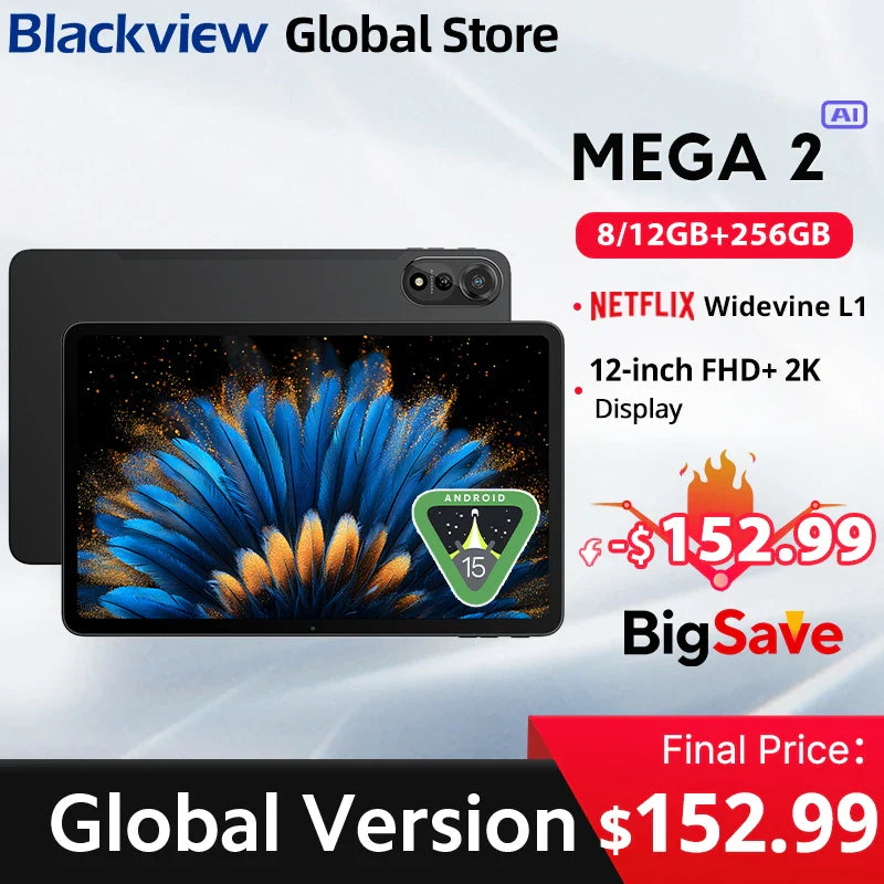 Blackview MEGA 2 Tablets 12 inch 2K Display Widevine L1 24GB(8+16) Android 15 256GB 9000mAh AI Main Camera Pad PC Lootquake LLC