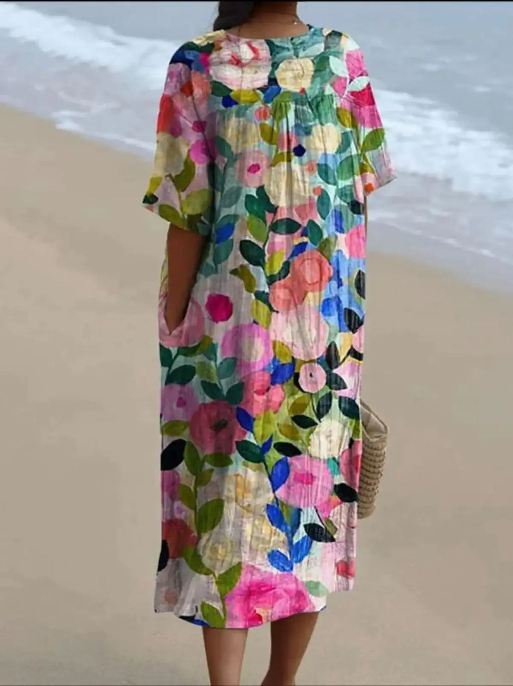 Casual Short Sleeved V-neck Big Swing Dress 2024 New Women's Loose Printed Long Dress Female Retro Flower Print Pullover Dresses