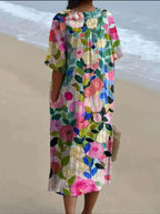 Casual Short Sleeved V-neck Big Swing Dress 2024 New Women's Loose Printed Long Dress Female Retro Flower Print Pullover Dresses