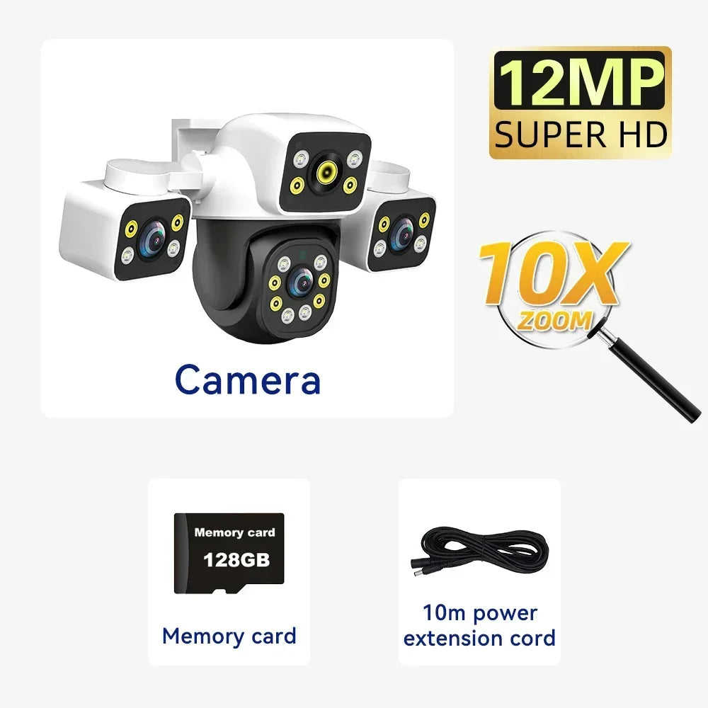 6K 12MP Outdoor WiFi Camera Three Screen Three Lens 10X Zoom PTZ Automatic Tracking Audible Visual Alarm Security Camera Lootquake LLC