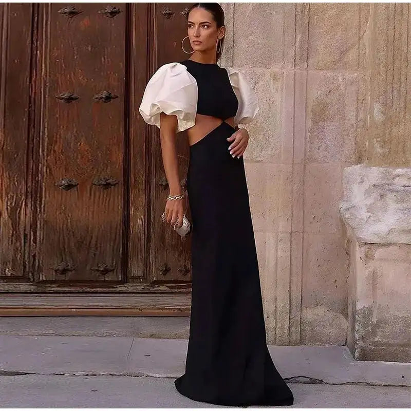 Elegant Puff Sleeve Long Dress For Women 2025 Sexy Hollow Out Waist Evening Party Dresses Female Vacation Lady Chic Beach Robe