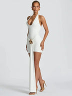 Mozision Metal Flower Draped Ruched Sexy Mini Dress Women Robe Fashion Halter Backless Sleeveless Bodycon Club Party Dress New