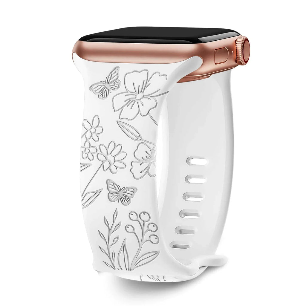 Apple Watch Silicone Strap - Floral Engraved, Soft and Waterproof