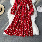 YuooMuoo Korean Fashion Cherry Print Women Dress 2025 New Spring Vintage Bandage Slim Waist Long Dress Elegant Party Vestidos
