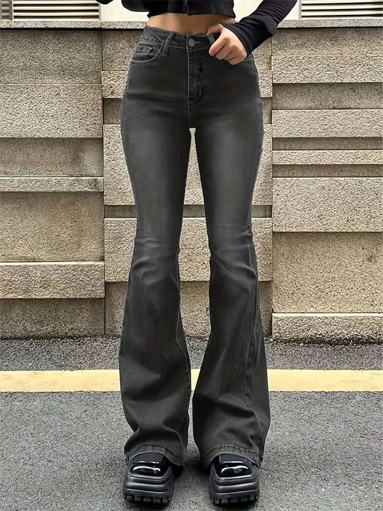 Women Flare Stretch Moustache Jeans Fashion Skinny Bell Bottom High Waist Gray Denim Pants Lady Classic Y2K Punk Long Trousers Lootquake LLC