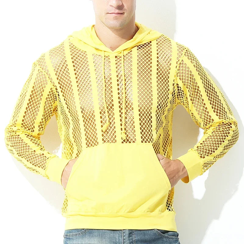 Men Mesh Shirt Transparent Long Sleeve Men Clothing Sexy Solid Party Nightclub Hooded Tops Lootquake LLC
