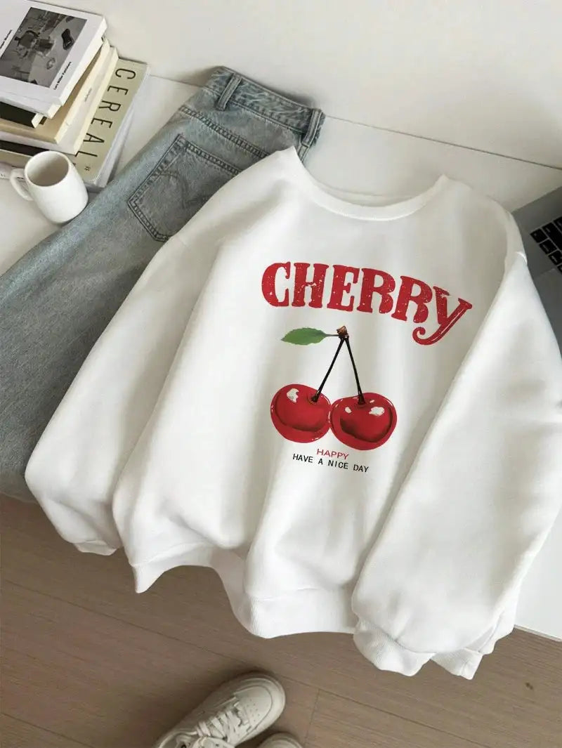 Casual Women's Sweatshirts Cherries Graphic Printing Hoodies Crewneck Fleece Warm Comfortable Pullovers Autumn Winter Streetwear