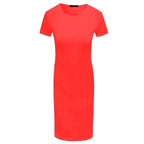 652F Women Summer Short Sleeve Plain Slim Fitted Knee Length Package Hip Long Dress