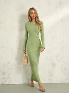 Women Spring Autumn Lace-up Knit Dress Elegant Long Sleeve Crew Neck Ribbed Solid Color Long Dress Streetwear