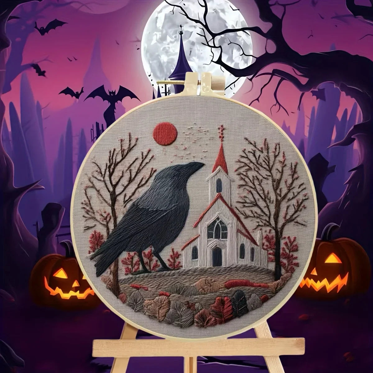 Halloween-themed pattern hand-embroidery DIY set material package, the set includes needles, threads, embroidery strips, and an Lootquake LLC