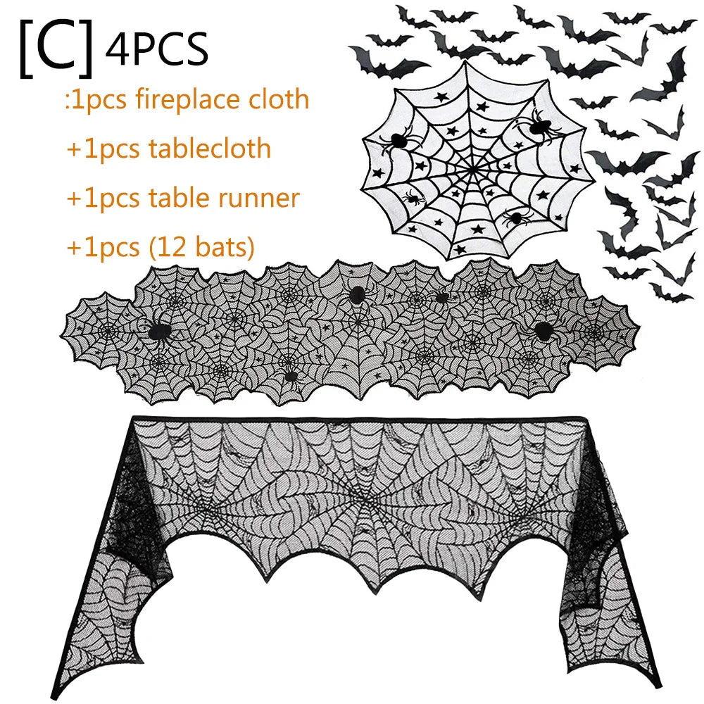 Halloween Decorations Set Spider Web Table Runner Fireplace Scarf Cover Tablecloth 3D Bats Wall Stickers Halloween Party Decor Lootquake LLC