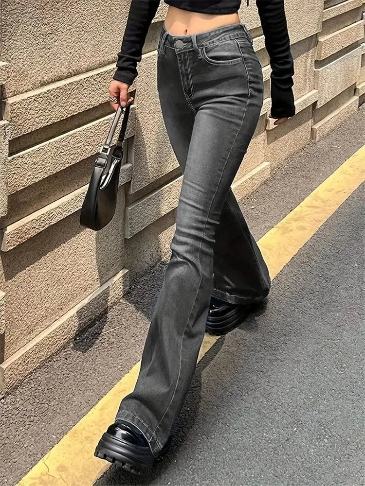 Women Flare Stretch Moustache Jeans Fashion Skinny Bell Bottom High Waist Gray Denim Pants Lady Classic Y2K Punk Long Trousers Lootquake LLC