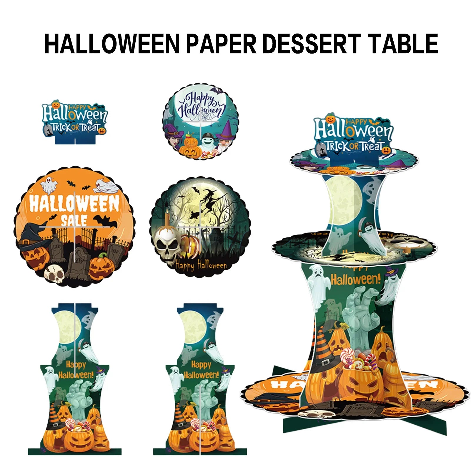 3-Tier Halloween Paper Dessert Stand - DIY Spooky Party Candy Display with Ghost/Pumpkin/Bat Printed Buffet Table Decor Lootquake LLC