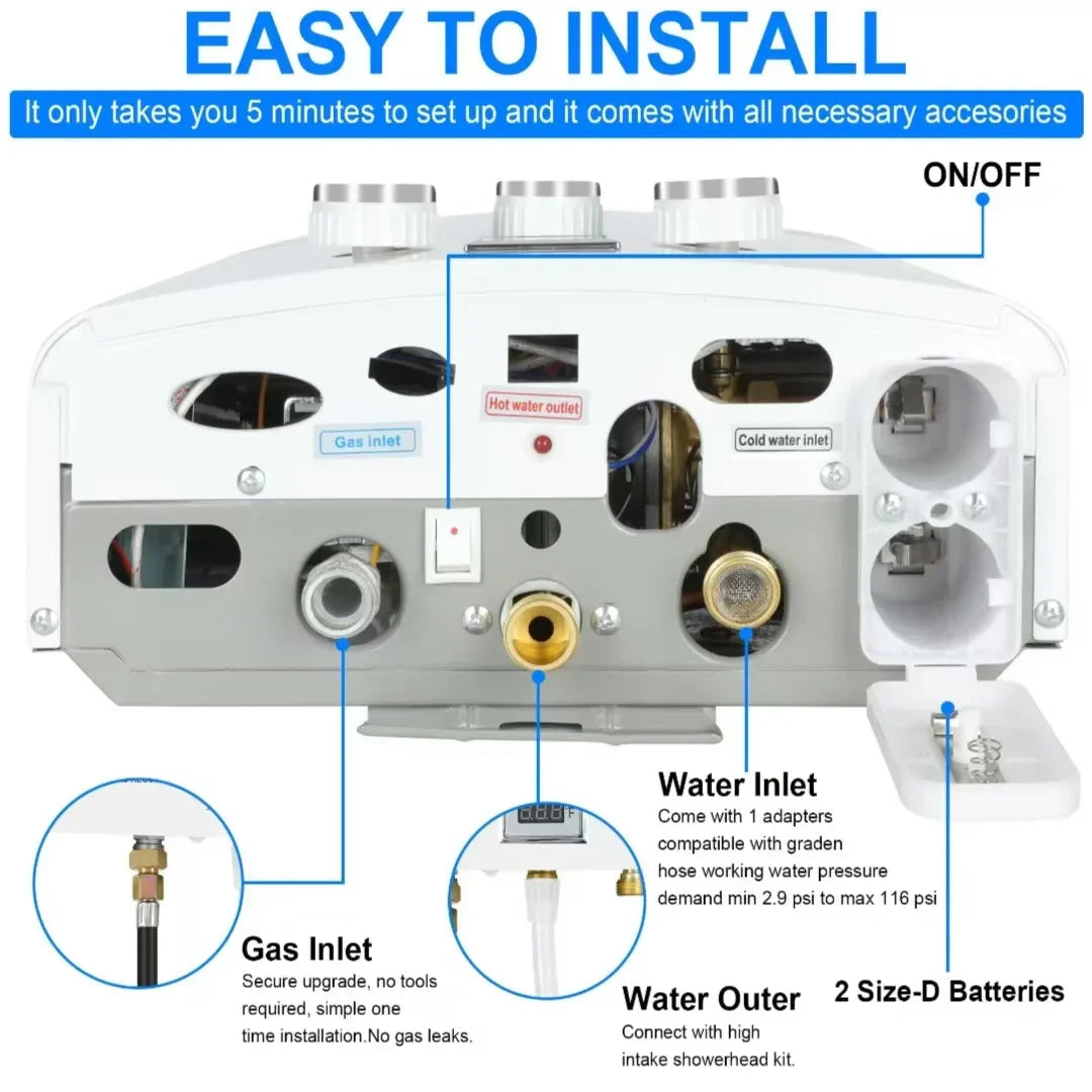 LPG Propane Gas Tankless Water Heater 6L Outdoor Camping Instant Heating Bath With Shower Head Hot Water Heater Car Truck Tent Lootquake LLC