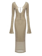 BEVENCCEL Sexy Luxury Sequins Deep V Long Sleeve Backless Sequins Long Dress Elegant  Bodycon Maxi Evening Party Clubwear Dress