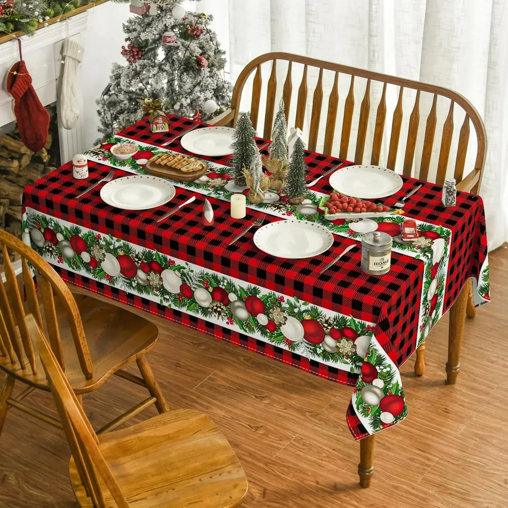 Christmas Ball Ornaments Red Bufalo Plaid Rectangle Tablecloth Dining Room Decor Reusable Table Cover Xmas Party Decorations Lootquake LLC