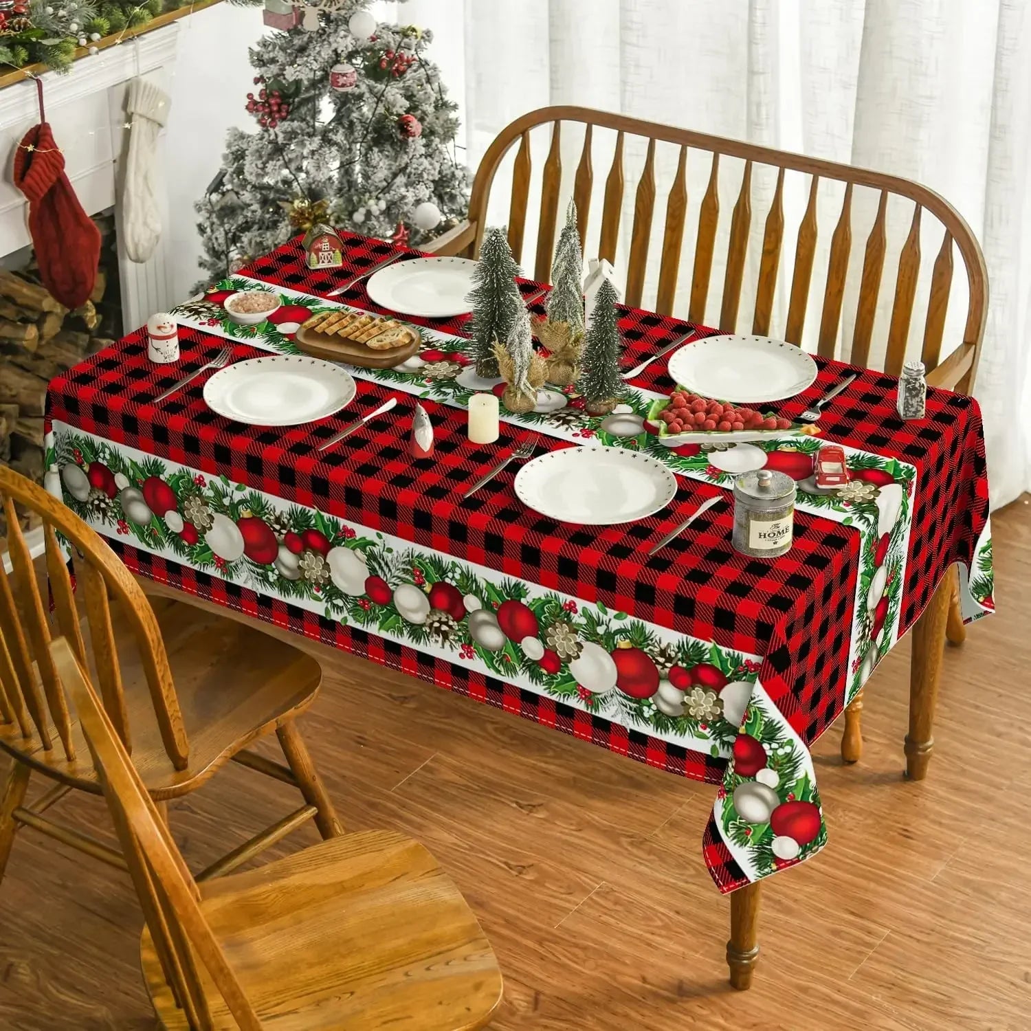 Christmas Ball Ornaments Red Bufalo Plaid Rectangle Tablecloth Dining Room Decor Reusable Table Cover Xmas Party Decorations Lootquake LLC