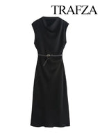 TRAFZA Women's Autumn New Fashion Versatile Belted Midi Slim Long Dress Female Elegant High Street Sleeveless Casual Dress Mujer