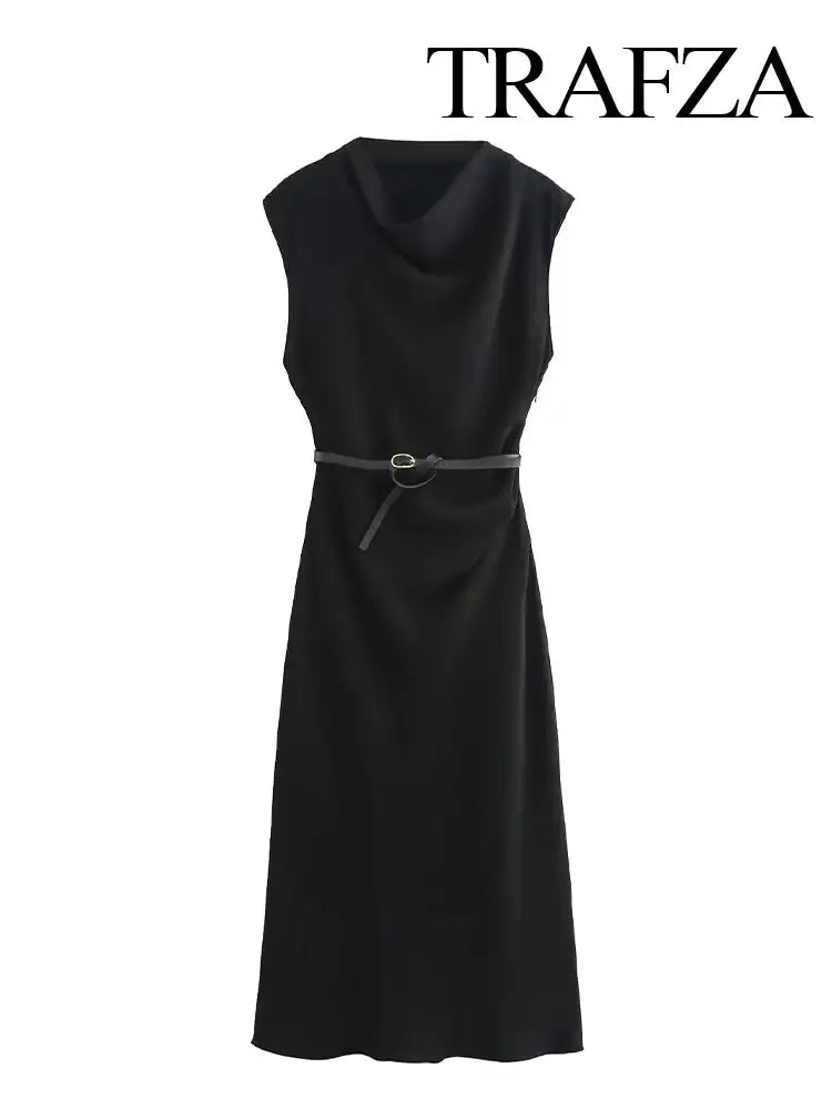 TRAFZA Women's Autumn New Fashion Versatile Belted Midi Slim Long Dress Female Elegant High Street Sleeveless Casual Dress Mujer