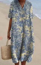 Casual Short Sleeved V-neck Big Swing Dress 2024 New Women's Loose Printed Long Dress Female Retro Flower Print Pullover Dresses