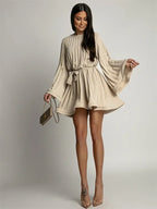 2025 Elegant Pleated Mini Dress - Flared Sleeve Lace-Up Summer Dress | Femstylo