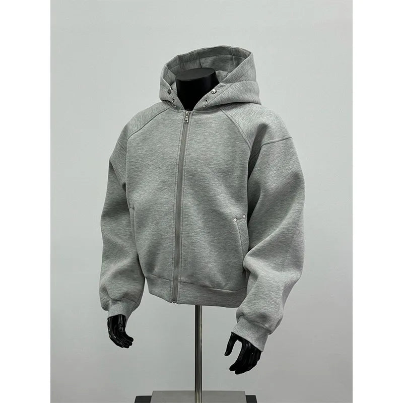 American Men's Short Retro Boxy Style Cardigan Sweatshirt Men's Hooded Jacket Autumn Winter Silhouette Men's Fashionable Hoodie