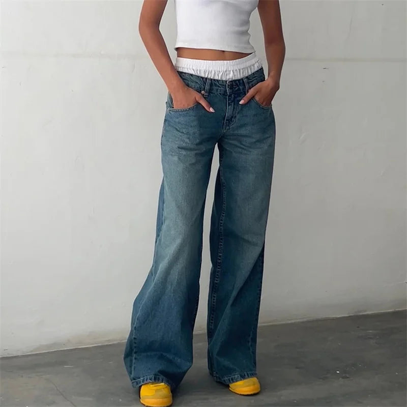Lamuusaa Jeans y2k Clothes Women Solid Color Low Waist Waist Wide Leg Denim Pants Trousers with Multi Pockets 2000s Streetwear Lootquake LLC