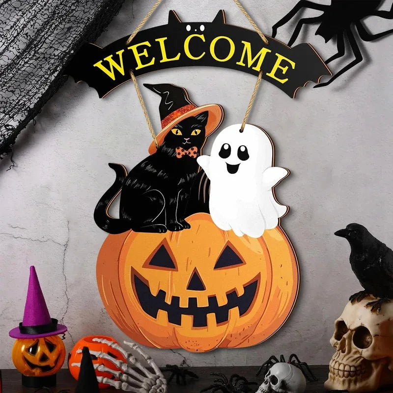 Welcome Sign w/ Cat, Ghost & Pumpkin Lootquake LLC