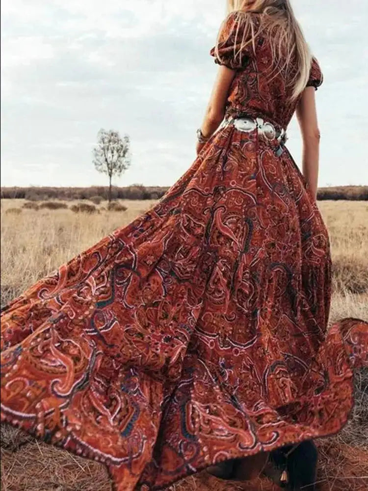 TEELYNN boho long dress Vintage 2023 floral print Chiffon three quarter sleeve v-neck summer Gypsy Hippie women dresses vestidos