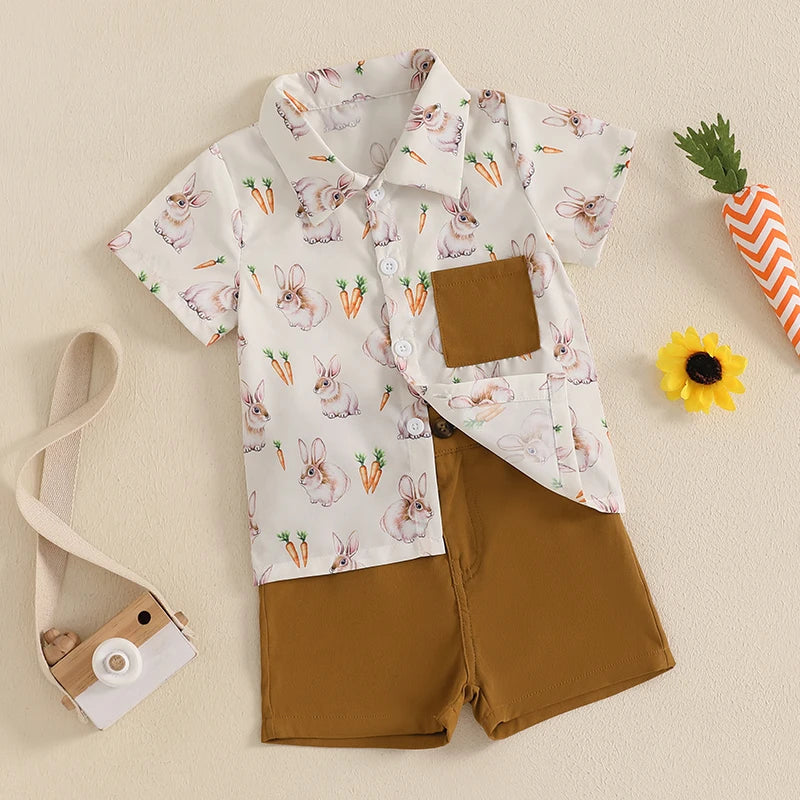 Toddler Easter Clothing Set with Short Sleeve Lapel Bunny Carrot Print Shirt and Solid Color Shorts - Adorable Boy s Easter Lootquake LLC