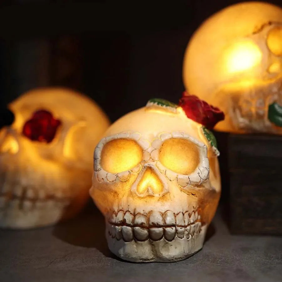 Halloween Skull Decoration Flower Rose Glowing LED Skull Shape Decoration Desktop For Terror Skull Party Home Outdoor Decor