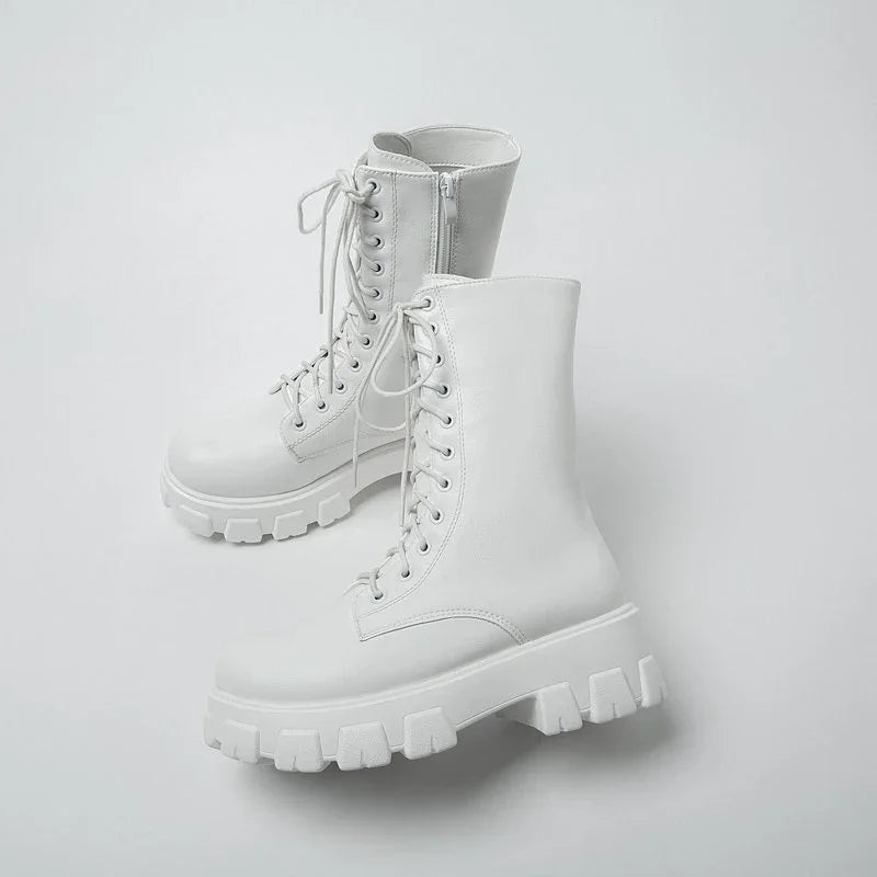 Women's Comfortable Solid Color Platform Boots, Fashion Lace Up Side Zipper Boots with Comfortable Design Lootquake LLC