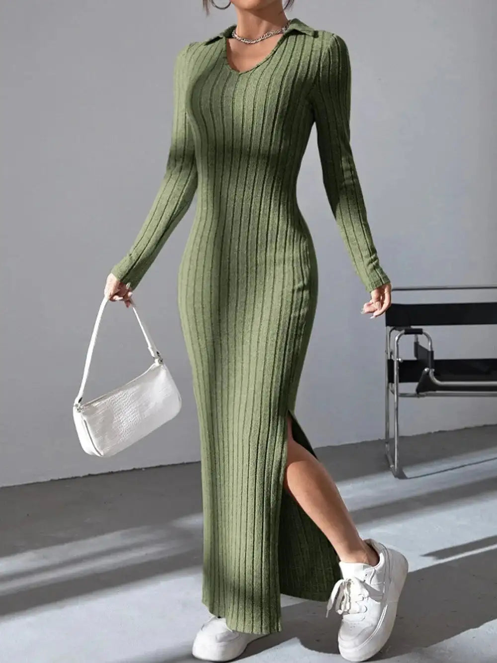 2024 Spring/Summer Knitted Dress Slim Fit Fashion Casual Women's Lapel Long sleeved Dress Concave Stripe Solid Color Long Dress