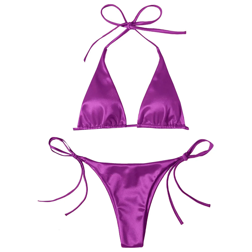 ShimmerWave: Luxe Satin Brazilian Bikini Set THRIXINE