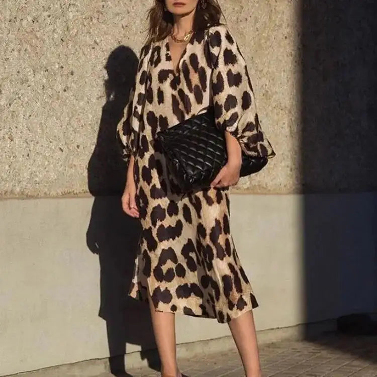 Autumn Women's Long Leopard Print Dress New Long V-neck Loose Lantern Sleeve Leopard Print Dress Long Dress