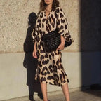 Autumn Women's Long Leopard Print Dress New Long V-neck Loose Lantern Sleeve Leopard Print Dress Long Dress