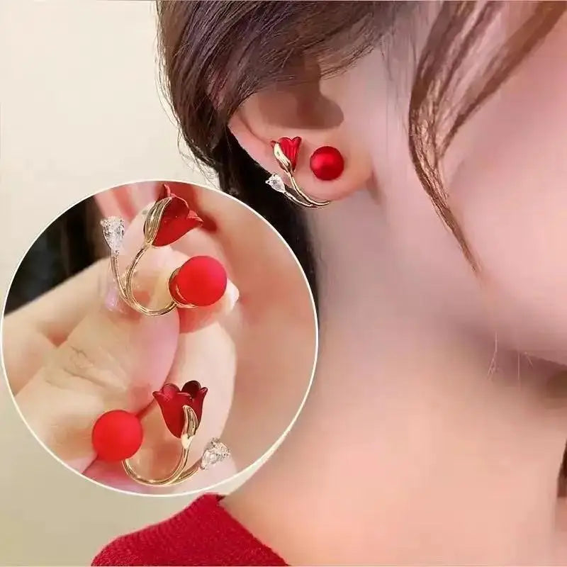 925 Silver Needle Korean Fashion Camellia Flower Earrings For Women Jewelry 2025 Trending Women's Black White Stud Earrings Gift