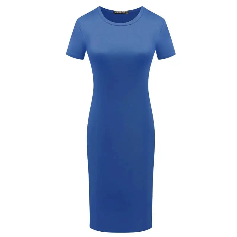 652F Women Summer Short Sleeve Plain Slim Fitted Knee Length Package Hip Long Dress
