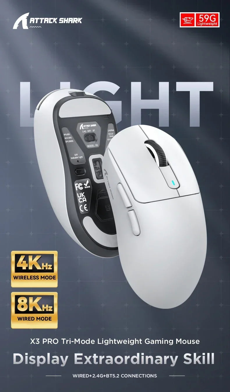 Attack Shark X3Pro Wireless  Gaming Mouse PixArt PAW3395 26000dpi Bluetooth Optical Mouse Tri-Mode Connection Macro Gaming Mouse Lootquake LLC