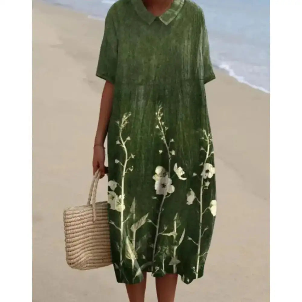 Casual Short Sleeved V-neck Big Swing Dress 2024 New Women's Loose Printed Long Dress Female Retro Flower Print Pullover Dresses