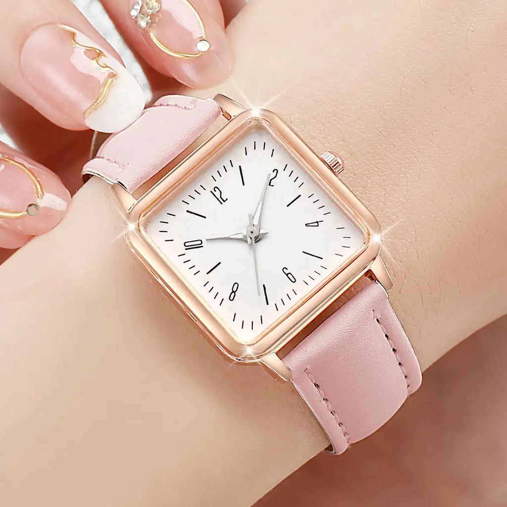 3PCs/Set Women's Fashion Watch Square Simple Dial Leather Quartz Watch Set