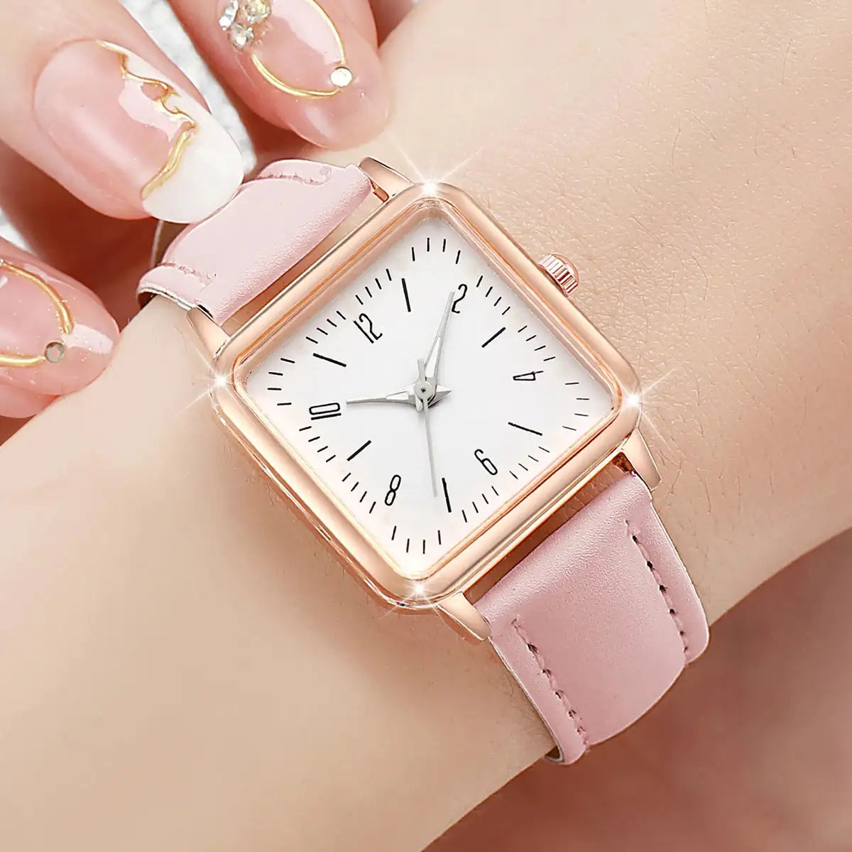 3PCs/Set Women's Fashion Watch Square Simple Dial Leather Quartz Watch Set